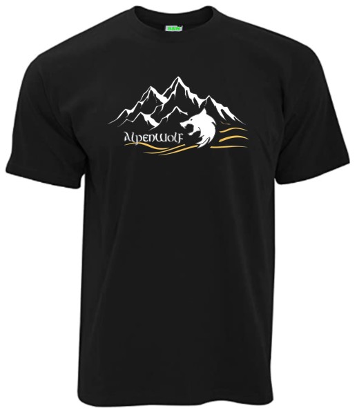 Alpenwolf T-Shirt "Wolflogo vor Bergkulisse" Brustdruck mittig